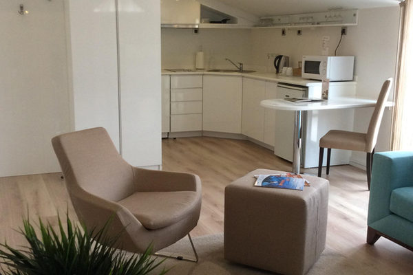 Penthouse lounge with armchairs and open kitchen