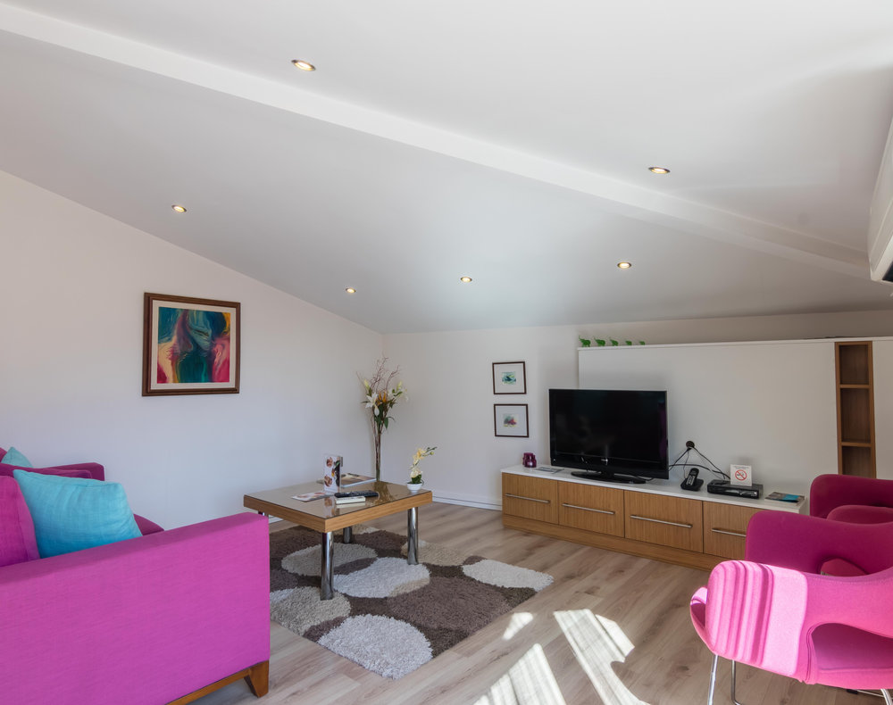 Apartment living room with a desk and seating area